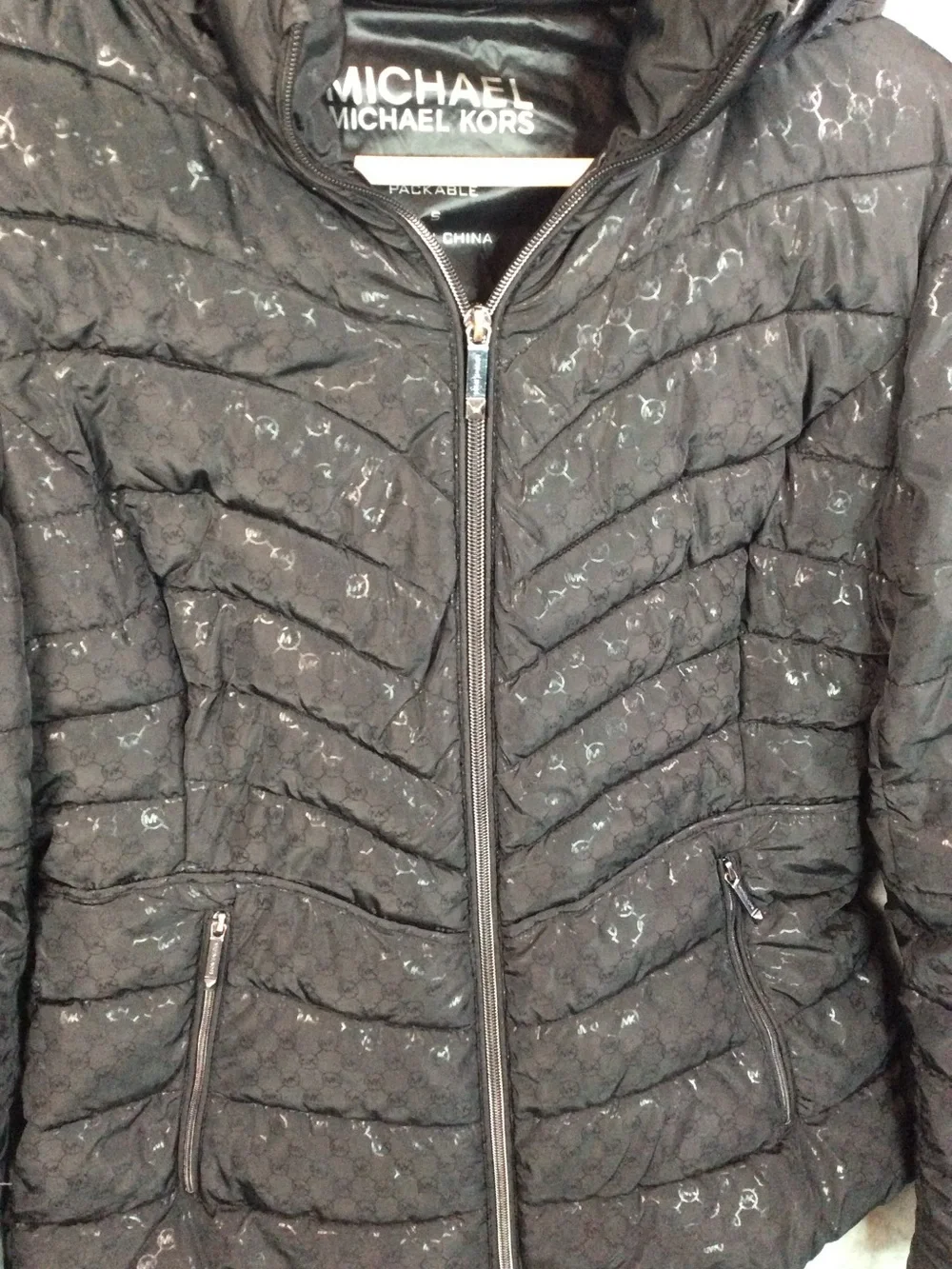 Michael Kors Black Quilted Hooded Puffer Jacket with Subtle Logo Print